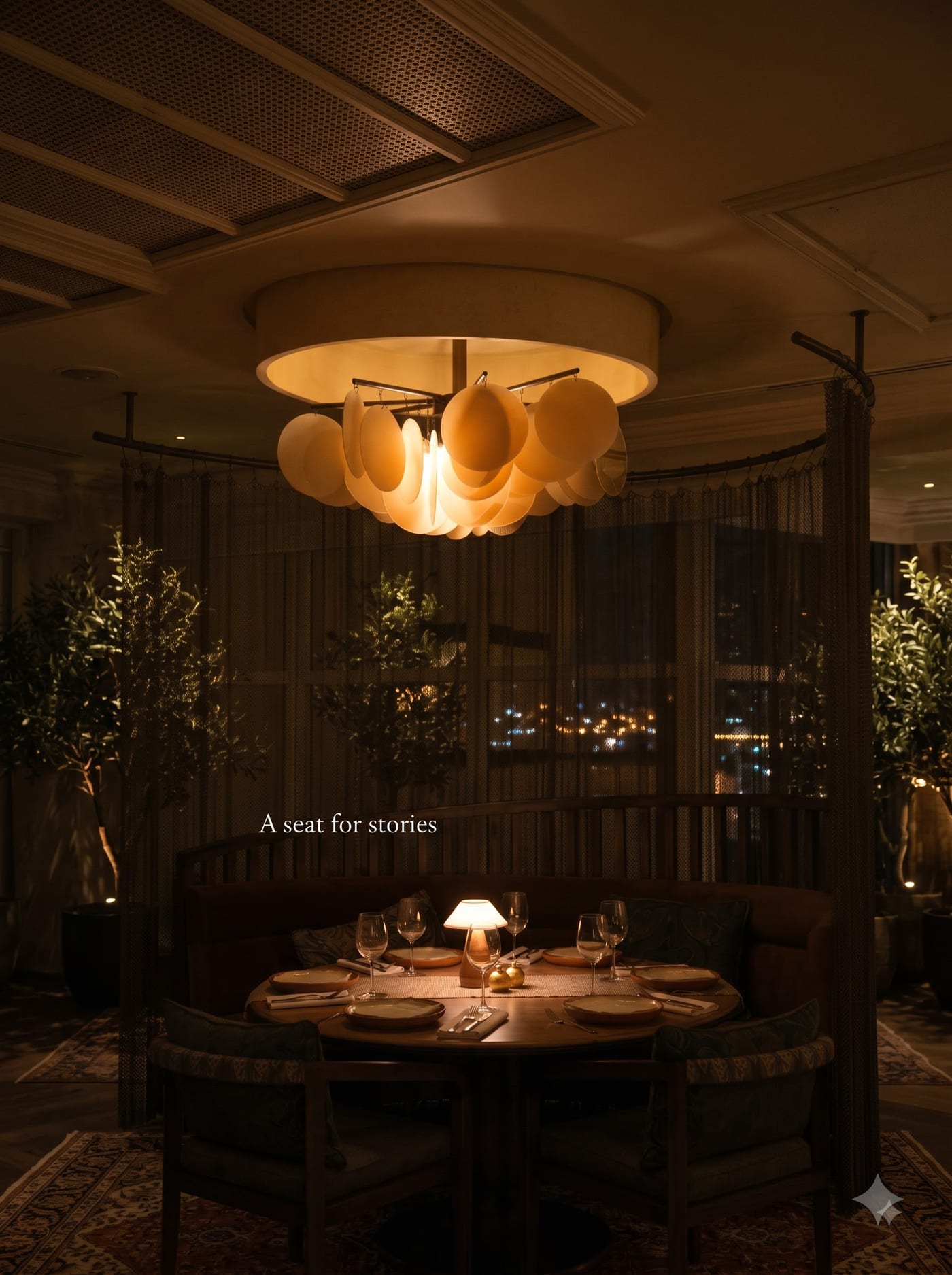 A curtained booth laid for a private dinner